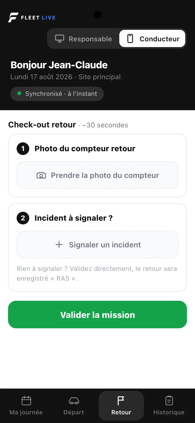 FleetLive sur téléphone : retour de véhicule, photo du compteur, carburant et état du véhicule
